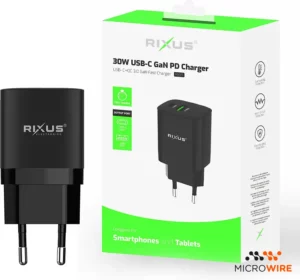 Chargeur Charge Rapide USB-C + USB-A Noir 30W GaN