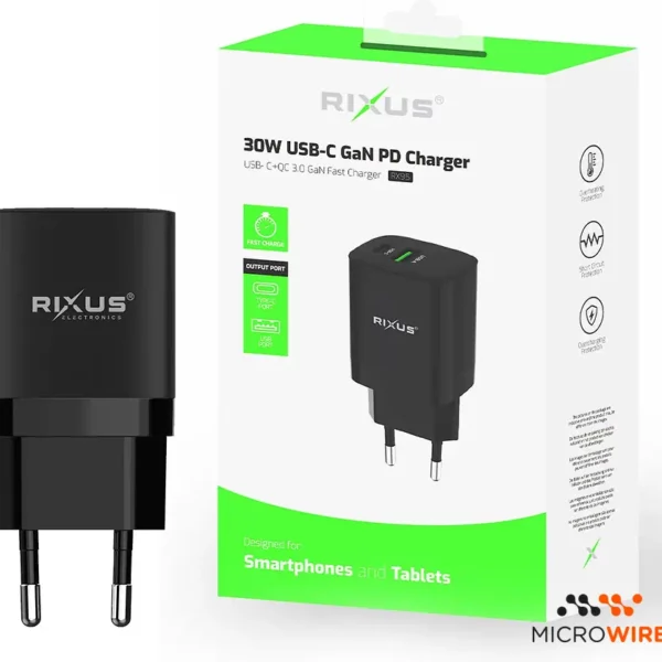Chargeur Charge Rapide USB-C + USB-A Noir 30W GaN